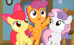 Size: 1156x707 | Tagged: safe, screencap, apple bloom, scootaloo, sweetie belle, g4, the last crusade, bipedal, cropped, cutie mark crusaders, smiling, trio