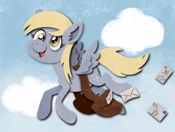 Size: 2048x1536 | Tagged: safe, artist:catscratchpaper, derpy hooves, pegasus, pony, g4, cloud, cute, cutout, derpabetes, ear fluff, female, flying, letter, mailbag, mare, open mouth, sky, solo
