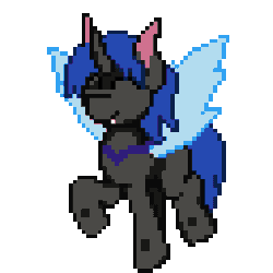 Size: 256x256 | Tagged: safe, artist:bitassembly, part of a set, oc, oc only, oc:swift dawn, changeling, ^^, animated, blue changeling, changeling oc, commission, cute, cuteling, excited, eyes closed, fangs, flapping wings, gif, happy, horn, male, pixel art, simple background, smiling, solo, stallion, tippy taps, transparent background, trotting, trotting in place, wings, ych result