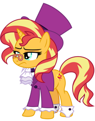 Size: 1024x1304 | Tagged: safe, artist:emeraldblast63, snowfall frost, sunset shimmer, pony, unicorn, a hearth's warming tail, g4, clothes swap, ebenezer scrooge, hat, scrooge, simple background, solo, sunset shimmer is not amused, the christmas carol, transparent background, unamused