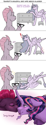 Size: 1000x2700 | Tagged: safe, artist:periwinklechick, fizzlepop berrytwist, tempest shadow, twilight sparkle, alicorn, pony, unicorn, g4, the last problem, blushing, broken horn, cloven hooves, comic, dialogue, exclamation point, eyes closed, facial hair, female, floppy ears, glasses, goatee, horn, leonine tail, lesbian, mare, older, older twilight, older twilight sparkle (alicorn), princess twilight 2.0, ship:tempestlight, shipping, tail feathers, tongue out, twilight sparkle (alicorn)