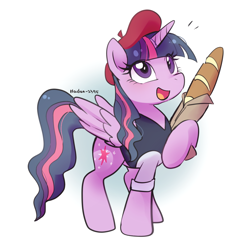 Size: 966x966 | Tagged: safe, artist:haden-2375, twilight sparkle, alicorn, pony, g4, baguette, beret, bread, clothes, cute, female, folded wings, food, hat, mare, open mouth, solo, twiabetes, twilight sparkle (alicorn), wings