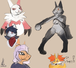 Size: 4000x3600 | Tagged: safe, artist:almaustral, oc, oc:lighting wind, delphox, dragon, earth pony, wolf, zangoose, anthro, digitigrade anthro, anthro with ponies, brown background, bust, clothes, crossover, earth pony oc, neckerchief, pokémon, signature, simple background, sketch, sketch dump