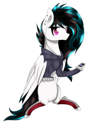 Size: 2029x2955 | Tagged: safe, artist:blueponyhays, oc, oc only, oc:black line, pegasus, semi-anthro, arm hooves, high res, looking at you, mp3 player, pegasus oc, simple background, sitting, solo, transparent background, wings