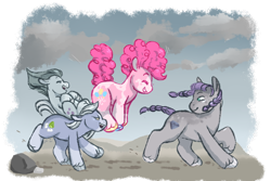 Size: 900x600 | Tagged: safe, artist:iouise, limestone pie, marble pie, maud pie, pinkie pie, earth pony, pony, g4, alternate hairstyle, braided pigtails, braided tail, coat markings, cute, female, filly, filly limestone pie, filly marble pie, filly maud pie, filly pinkie pie, happy, pie sisters, playing, pronking, running, siblings, sisters, socks (coat markings), unshorn fetlocks, wrong cutie mark, younger