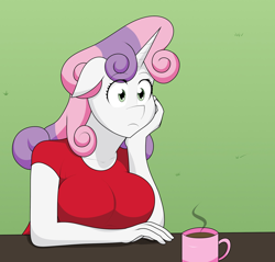 Size: 2048x1961 | Tagged: safe, artist:matchstickman, sweetie belle, unicorn, anthro, g4, ponyville confidential, big breasts, breasts, busty sweetie belle, clothes, coffee mug, female, floppy ears, mare, meme, mug, older, older sweetie belle, outdoors, scene interpretation, shirt, solo, sudden clarity older sweetie belle, sudden clarity sweetie belle