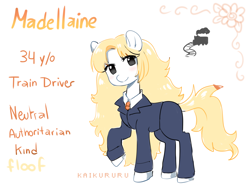 Size: 4000x3000 | Tagged: safe, artist:kaikururu, oc, oc only, oc:madellaine, earth pony, pony, clothes, digital art, female, looking at you, mare, reference sheet, solo, tail, text