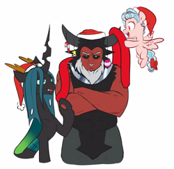 Size: 4293x4178 | Tagged: safe, artist:chub-wub, cozy glow, lord tirek, queen chrysalis, centaur, changeling, changeling queen, pegasus, pony, g4, absurd resolution, blushing, bow, candy, candy cane, christmas, cozybetes, crossed arms, cute, cutealis, female, filly, food, hat, holiday, legion of doom, male, open mouth, ornament, santa hat, simple background, stars, tail bow, tirebetes, tirek is not amused, white background