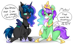 Size: 4900x3000 | Tagged: safe, artist:kaikururu, oc, oc only, oc:crescent star, oc:raeonn, changeling, crystal pony, crystal unicorn, pony, unicorn, changeling oc, clothes, costume, digital art, duo, fake horn, fake wings, glasses, halloween, halloween costume, holes, holiday, hooves, male, simple background, sitting, speech bubble, stallion, tail, text, transparent background