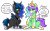 Size: 4900x3000 | Tagged: safe, artist:kaikururu, oc, oc only, oc:crescent star, oc:raeonn, changeling, crystal pony, crystal unicorn, pony, unicorn, changeling oc, clothes, costume, digital art, duo, fake horn, fake wings, glasses, halloween, halloween costume, holes, holiday, hooves, male, red eyes, simple background, sitting, speech bubble, stallion, tail, text, transparent background