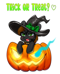 Size: 2179x2653 | Tagged: safe, artist:kaikururu, oc, oc only, pony, unicorn, clothes, commission, costume, digital art, female, halloween, halloween costume, hat, high res, holiday, hooves, horn, jack-o-lantern, mare, pumpkin, simple background, solo, text, transparent background, witch hat