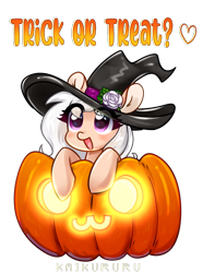 Size: 1967x2639 | Tagged: safe, artist:kaikururu, oc, oc only, oc:white rose, earth pony, pony, clothes, commission, costume, digital art, female, halloween, halloween costume, hat, holiday, hooves, jack-o-lantern, mare, pumpkin, simple background, solo, text, transparent background, witch hat