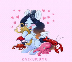 Size: 2321x1984 | Tagged: safe, artist:kaikururu, oc, oc only, oc:ruru, beetle, crab, insect, lobster, octopus, pegasus, pony, scorpion, spider, blushing, cuddling, digital art, eyes closed, female, hooves, mare, mismatched wings, open mouth, plushie, simple background, solo, tail, wings