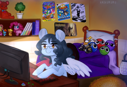 Size: 4000x2732 | Tagged: safe, artist:kaikururu, applejack, fluttershy, pinkie pie, rainbow dash, oc, oc only, oc:ruru, cat, pegasus, pony, g4, bag, bed, bedroom, book, bookshelf, computer, detailed background, digital art, female, glasses, hooves, mare, mismatched wings, pillow, plushie, poster, solo, table, tail, teddy bear, toy, wings