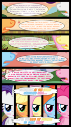 Size: 1280x2300 | Tagged: safe, artist:bigsnusnu, applejack, fluttershy, pinkie pie, rainbow dash, rarity, pony, comic:dusk shine in pursuit of happiness, g4, blushing, determined