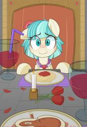 Size: 1328x1925 | Tagged: safe, artist:nignogs, coco pommel, earth pony, pony, 4chan, alcohol, bendy straw, candle, cheek fluff, cocobetes, cute, date, dinner, drinking straw, floppy ears, flower, food, herbivore vs omnivore, looking at you, meat, meme, nervous, offscreen character, one ear down, pasta, pov, reversed gender roles equestria, reversed gender roles equestria general, romantic dinner, rose, rose petals, solo, spaghetti, steak, straw, sweat, sweating profusely, waifu dinner, wine