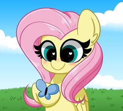Size: 2139x1921 | Tagged: safe, artist:kittyrosie, fluttershy, butterfly, pegasus, pony, g4, blushing, cloud, cute, female, grass, happy, heart eyes, mare, shyabetes, smiling, solo, wingding eyes
