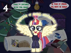 Size: 1280x960 | Tagged: safe, artist:bronybyexception, daring do, moondancer, shining armor, alicorn, pony, g4, 4, advent calendar, alicornified, body pillow, book, christmas, christmas tree, clothes, daring daki, dialogue, glasses, holiday, lightbulb, looking at you, moondancercorn, open mouth, princess moondancer, race swap, shadowbolts, smiling, social distancing, sweater, tree
