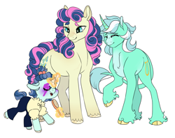 Size: 2109x1672 | Tagged: safe, artist:iouise, bon bon, lyra heartstrings, sweetie drops, oc, oc:lullaby, classical unicorn, earth pony, pony, unicorn, g4, brush, clothes, cloven hooves, cute, eyes closed, family, female, filly, floppy ears, glowing horn, hairbrush, horn, leonine tail, lesbian, levitation, magic, magical lesbian spawn, makeup, mare, mother and child, mother and daughter, offspring, pants, parent:bon bon, parent:lyra heartstrings, parents:lyrabon, ship:lyrabon, shipping, shirt, simple background, telekinesis, unshorn fetlocks, white background