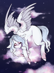 Size: 3106x4181 | Tagged: safe, artist:karamboll, pegasus, pony, cloud, female, fluffy, full body, night, on a cloud, outdoors, sleeping, sleeping on a cloud, solo, spread wings, stars, wings