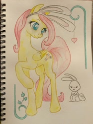 Size: 1024x1366 | Tagged: safe, artist:grokostimpy, angel bunny, fluttershy, pegasus, pony, g4, angel bunny is not amused, bunny ears, crossed arms, cute, duo, female, mare, raised hoof, shyabetes, traditional art