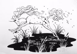 Size: 3177x2253 | Tagged: safe, artist:lady-limule, oc, oc only, pony, unicorn, female, high res, horn, inktober, inktober 2019, mare, monochrome, pond, solo, traditional art, unicorn oc