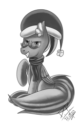 Size: 1250x2000 | Tagged: safe, artist:draconightmarenight, oc, oc only, pegasus, pony, black and white, christmas, clothes, grayscale, hat, holiday, monochrome, santa hat, scarf, sitting, solo, sunglasses