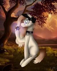 Size: 1080x1350 | Tagged: safe, artist:rxndxm.artist, oc, oc only, butterfly, earth pony, pony, earth pony oc, floral head wreath, flower, glasses, hoof hold, outdoors, raised hoof, sitting, solo, tree