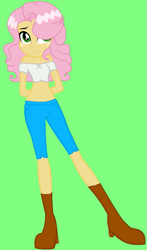 Size: 551x939 | Tagged: safe, artist:mapleb, artist:sturk-fontaine, oc, oc only, oc:briar apple, equestria girls, g4, adopted oc, freckles, green background, hair over one eye, magical lesbian spawn, midriff, offspring, parent:applejack, parent:fluttershy, parents:appleshy, simple background, solo