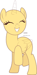 Size: 1469x2973 | Tagged: safe, artist:teepew, oc, oc only, alicorn, pony, alicorn oc, bald, base, eyelashes, eyes closed, female, grin, horn, mare, raised hoof, signature, simple background, smiling, solo, transparent background, wings