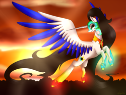 Size: 3200x2400 | Tagged: safe, artist:minelvi, oc, oc only, alicorn, pony, alicorn oc, female, flying, glowing hooves, helmet, high res, horn, mare, solo, two toned wings, wings