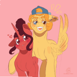 Size: 2048x2048 | Tagged: safe, artist:roseandcompany, oc, oc only, oc:trucker, pegasus, pony, unicorn, animated, backwards hat, blushing, ear piercing, gif, heterochromia, high res, horn, peace sign, pegasus oc, piercing, pink background, side hug, simple background, smiling, unicorn oc, wing hands, wings