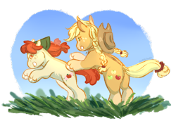 Size: 914x665 | Tagged: safe, artist:iouise, apple bloom, applejack, earth pony, pony, g4, alternate cutie mark, apple sisters, braided pigtails, cowboy hat, duo, female, filly, freckles, handkerchief, hat, mare, running, siblings, simple background, sisters, transparent background, unshorn fetlocks