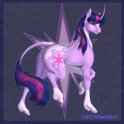 Size: 3000x3000 | Tagged: safe, artist:crazyaniknowit, twilight sparkle, classical unicorn, pony, unicorn, g4, alternate design, cloven hooves, curved horn, high res, horn, leonine tail, solo, unshorn fetlocks