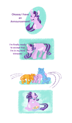 Size: 1276x2165 | Tagged: safe, artist:vio-mlp-creator, starlight glimmer, sunburst, trixie, oc, oc:dazzling lights, pony, unicorn, g4, baby, baby pony, bisexual, comic, female, filly, hug, lesbian, magical threesome spawn, male, mare, missing cutie mark, offspring, parent:starlight glimmer, parent:sunburst, parent:trixie, parents:startrixburst, polyamory, preglight glimmer, pregnant, ship:startrixburst, shipping, stallion, straight
