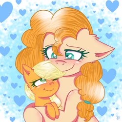 Size: 3098x3098 | Tagged: safe, artist:galaxy swirl, applejack, pear butter, earth pony, pony, g4, cute, duo, female, filly, filly applejack, heart, high res, hug, jackabetes, mother and child, mother and daughter, pearabetes, smiling, younger