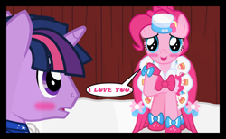 Size: 1280x790 | Tagged: safe, artist:bigsnusnu, pinkie pie, twilight sparkle, comic:dusk shine in pursuit of happiness, g4, clothes, curtains, dress, dusk shine, female, gala dress, half r63 shipping, i love you, love confession, male, rule 63, ship:duskpie, ship:twinkie, shipping, straight