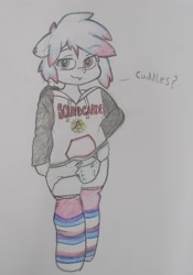 Size: 2553x3641 | Tagged: safe, artist:star lily, oc, oc only, oc:star lily, anthro, :3, clothes, diaper, femboy, high res, hoodie, male, non-baby in diaper, socks, solo, soundgarden, striped socks, traditional art