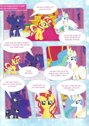 Size: 826x1169 | Tagged: safe, princess celestia, princess luna, sunset shimmer, alicorn, pony, unicorn, g4, comic, friendship cake, magazine scan