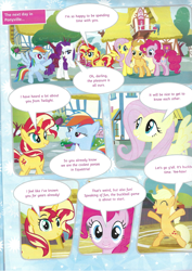 Size: 826x1169 | Tagged: safe, applejack, fluttershy, pinkie pie, rainbow dash, rarity, sunset shimmer, pegasus, pony, unicorn, g4, bipedal, comic, eyes closed, friendship cake, magazine scan, open mouth