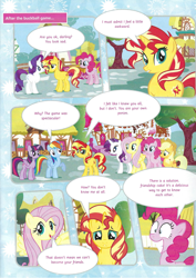 Size: 826x1169 | Tagged: safe, applejack, fluttershy, pinkie pie, rainbow dash, rarity, sunset shimmer, twilight sparkle, alicorn, pony, unicorn, g4, comic, friendship cake, magazine scan, mane six, twilight sparkle (alicorn)