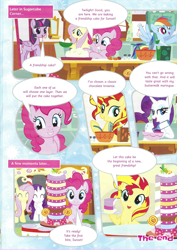 Size: 826x1169 | Tagged: safe, fluttershy, pinkie pie, rainbow dash, rarity, sunset shimmer, twilight sparkle, alicorn, pony, unicorn, g4, cake, comic, food, friendship cake, magazine scan, twilight sparkle (alicorn)