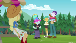 Size: 1920x1080 | Tagged: safe, screencap, applejack, dirk thistleweed, snails, snips, accountibilibuddies, accountibilibuddies: snips, equestria girls, g4, my little pony equestria girls: better together, converse, forest, shoes, sitting, tree