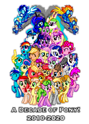 Size: 1100x1524 | Tagged: safe, artist:dasheroni, artist:template93, apple bloom, applejack, babs seed, berry punch, berryshine, big macintosh, blaze, bon bon, carrot top, daisy, derpy hooves, dj pon-3, doctor whooves, fire streak, flower wishes, fluttershy, golden harvest, junebug, lyra heartstrings, minuette, misty fly, octavia melody, pinkie pie, princess cadance, princess celestia, princess luna, rainbow dash, rarity, roseluck, scootaloo, shining armor, silver lining, silver zoom, soarin', spike, spitfire, sweetie belle, sweetie drops, time turner, twilight sparkle, vinyl scratch, alicorn, dragon, earth pony, pegasus, pony, unicorn, mlp fim's tenth anniversary, g4, anniversary, cutie mark crusaders, female, foam finger, happy birthday mlp:fim, looking at you, male, mane seven, mane six, manepxls, mare, open mouth, pixel art, pxls.space, raised hoof, simple background, smoke, stallion, transparent background, twilight sparkle (alicorn), wall of tags, wonderbolts
