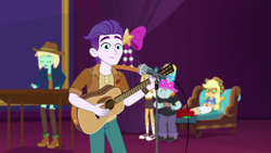 Size: 1920x1080 | Tagged: safe, screencap, applejack, dirk thistleweed, snails, snips, accountibilibuddies, equestria girls, equestria girls series, g4, spoiler:eqg series (season 2), accountibilibuddies: snips, broken foot, converse, couch, guitar, male, microphone, musical instrument, shoes