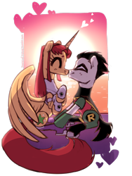 Size: 1280x1703 | Tagged: safe, artist:house-of-tykayl, alicorn, earth pony, pony, boop, cape, clothes, costume, female, kissing, male, mare, mask, ponified, robin (dc comics), simple background, stallion, starfire, teen titans go, the magic of friendship