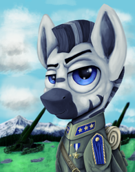 Size: 2200x2800 | Tagged: safe, oc, oc only, oc:aziz rakoto, pony, zebra, equestria at war mod, army, artillery, bust, clothes, forest, high res, medal, military, military uniform, mountain, portrait, solo, uniform