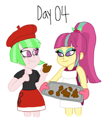 Size: 1280x1444 | Tagged: safe, artist:horroraceman93, sour sweet, watermelody, equestria girls, g4, apron, beret, clothes, cookie, duo, female, food, hat, lesbian, shipping, simple background, sourmelody, transparent background
