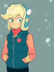Size: 1620x2160 | Tagged: safe, artist:haibaratomoe, applejack, equestria girls, g4, clothes, hat, jacket, snow, snowflake, solo, winter outfit