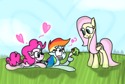 Size: 1524x1024 | Tagged: safe, artist:mr-degration, fluttershy, pinkie pie, rainbow dash, earth pony, pegasus, pony, g4, blushing, bouquet, female, flower, heart, lesbian, love triangle, ship:flutterdash, ship:pinkiedash, shipping, trio